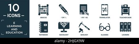 jeu d'icônes d'apprentissage et d'éducation. contient abacus plat, crayon, écriture, traducteur, bureau d'enseignant,carnet, sociologie, géologie, lunettes, locke Illustration de Vecteur