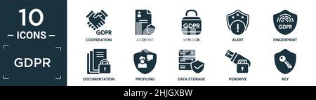 jeu d'icônes gdpr rempli. contient une coopération plate, un compte, un verrou, une alerte, une empreinte digitale,documentation, profilage, stockage de données, pendrive, icônes clés dans e Illustration de Vecteur