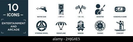 jeu d'icônes de divertissement et d'arcade. contient un pistolet à eau plat, domino, course, tireur, jeu de main,volant, paraplane, mini, casino, c Illustration de Vecteur