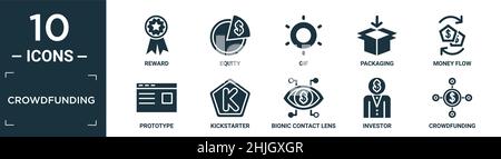 ensemble d'icônes de financement participatif rempli. contiennent une récompense plate, des capitaux propres, des gif, des emballages, des flux d'argent,prototype, kickstarter, lentilles de contact bioniques, investisseur, crowdfun Illustration de Vecteur