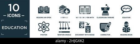 ensemble d'icônes d'éducation remplies. contient la lecture à plat d'un livre ouvert, organiser, bloc-notes ouvert avec signet, tribune de salle de classe, équation, photon, berceau newton Illustration de Vecteur