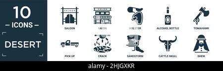 ensemble de symboles du désert rempli. contient une saloon plate, un salon, un étui, une bouteille d'alcool, un tomahawk,ramasser, crack, tempête de sable, crâne de bétail, icônes de sheik dans editabl Illustration de Vecteur