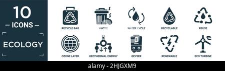 jeu d'icônes écologiques remplies. contient un sac de recyclage plat, des déchets, un cycle d'eau, recyclable, réutilisable,couche d'ozone, énergie géothermique, geyser, renouvelable, éco-turbi Illustration de Vecteur