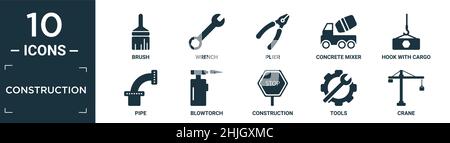 jeu d'icônes de construction remplies. contient une brosse plate, une clé, une pince, un mélangeur de béton, un crochet avec chargement,tuyaux, chalumeau, construction, outils, icônes de grue dans Illustration de Vecteur