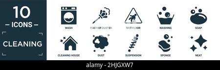 ensemble d'icônes de nettoyage remplies contenant un lavage à plat, un plumeau, un sol mouillé, un lavage, du savon,maison de nettoyage, poussière, suspension, éponge, icônes nettes dans editabl Illustration de Vecteur