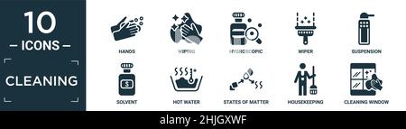 jeu d'icônes de nettoyage remplies. contient des mains plates, un essuyage, hygroscopique, essuie-glace, suspension,solvant, eau chaude, état de la matière, ménage, nettoyage gagner Illustration de Vecteur