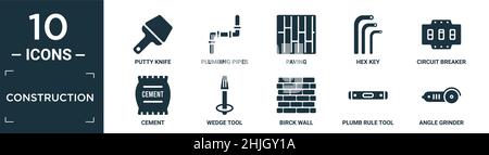 jeu d'icônes de construction remplies contenant un couteau à mastiquer plat, des tuyaux de plomberie, un revêtement, une clé hexagonale, un disjoncteur,ciment, outil de coin, mur d'oiseau, règle de fil à plomb t Illustration de Vecteur