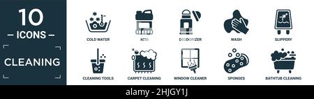 ensemble rempli d'icônes de nettoyage. contient de l'eau froide plate, acide, désodorisant, lavage, glissant,outils de nettoyage, nettoyage de tapis, nettoyant de fenêtre, éponges, baignoire Illustration de Vecteur