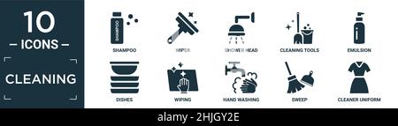 jeu d'icônes de nettoyage remplies. contient shampooing plat, essuie-glace, pomme de douche, outils de nettoyage, émulsion,vaisselle, essuyage, lavage à la main, balayage, nettoyant uniforme ico Illustration de Vecteur