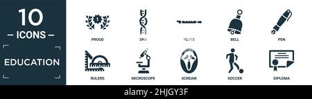 ensemble d'icônes d'éducation rempli. contient fierté plate, adn, flûte, cloche, stylo,règles, microscope, cri, soccer, icônes de diplôme en format modifiable. Illustration de Vecteur
