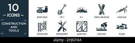 jeu d'icônes de construction et d'outils remplis. contient un clapet de décharge plat, une bêche, un sol, un crayon et une règle, un pistolet à calfeutrer,échafaudage, amélioration, mur de verre, cho Illustration de Vecteur