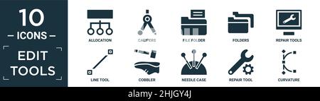 jeu d'icônes d'outils d'édition rempli. contiennent une allocation uniforme, des repères, un dossier de fichiers, des dossiers, des outils de réparation,outil de ligne, corbeur, boîte à aiguilles, outil de réparation, curva Illustration de Vecteur