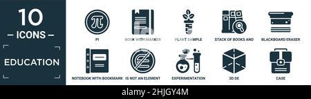 ensemble d'icônes d'éducation remplies. contient pi plat, livre avec marqueur, échantillon de plante, pile de livres et loupe, gomme de tableau noir, bloc-notes avec signet, i Illustration de Vecteur