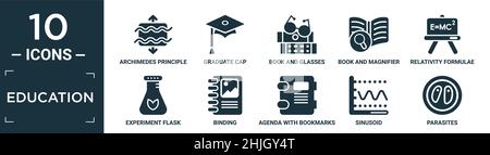 jeu d'icônes d'éducation remplies. contient le principe d'archimedes plat, la casquette d'études supérieures, le livre et les verres, le livre et la loupe, les formules de relativité,tester les flas Illustration de Vecteur