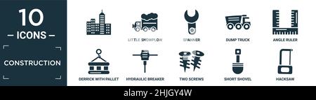 jeu d'icônes de construction remplies. contient plat, petit chasse-neige, clé, camion à benne basculante, règle d'angle,derrick avec palette, marteau hydraulique, deux vis, sh Illustration de Vecteur