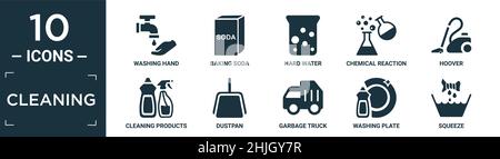 kit d'icônes de nettoyage remplies. contient une main de lavage à plat, du bicarbonate de soude, de l'eau dure, une réaction chimique, un aspirateur,produits de nettoyage, pelle à poussière, camion à ordures, wa Illustration de Vecteur