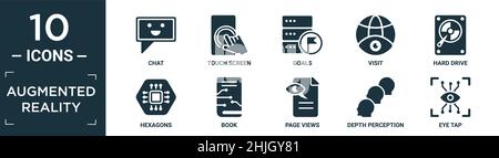 jeu d'icônes de réalité augmentée rempli. contient une discussion à plat, un écran tactile, des objectifs, une visite, un disque dur,hexagons, livre, vues de page, perception de profondeur, ic de prise d'oeil Illustration de Vecteur