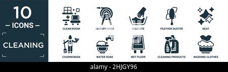 ensemble d'icônes de nettoyage remplies. contient une salle blanche plate, un tuyau d'arrosage, délicat, plumeau, net,charwoman, bain d'eau, sol mouillé, produits de nettoyage, w Illustration de Vecteur