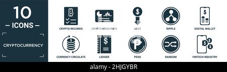 jeu d'icônes de crypto-monnaie remplies. contient des enregistrements de crypto plats, taux de hachage de crypto, perte, ondulation, portefeuille numérique,circulation de devises, grand livre, peso, aléatoire, Illustration de Vecteur