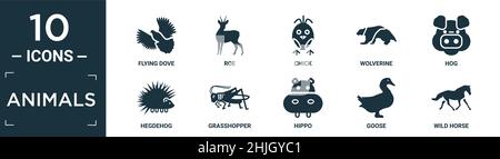 ensemble d'icônes pour animaux remplis contenant une colombe volante plate, une roe, un poussin, un carcajou, un porc,icônes de l'hippocampe, de la sauterelle, de l'hippopotame, de l'oie, du cheval sauvage en format modifiable Illustration de Vecteur