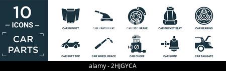 jeu d'icônes de pièces de voiture remplies. contient capot de voiture plat, frein à main de voiture, frein à disque de voiture, siège de godet, roulement,capote souple, renfort de roue, starter, carter d'huile, hayon Illustration de Vecteur