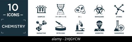 jeu d'icônes de chimie remplies. contient des échantillons plats, des chromosomes, des cellules, des risques biologiques, atomiques,radiactive, boîte de petri, biologie, scientifique, icônes dangereuses dans Illustration de Vecteur