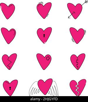 Autocollant coeur, éléments pour le jour de la Saint-Valentin, ensemble coeurs mignons dessinés à la main Illustration de Vecteur