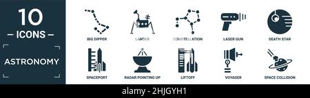 ensemble d'icônes d'astronomie remplies. contiennent un grand balancier plat, une plantaire, une constellation, un pistolet laser, une étoile de la mort,spaceport, radar pointant vers le haut, liftoff, voyager, spac Illustration de Vecteur