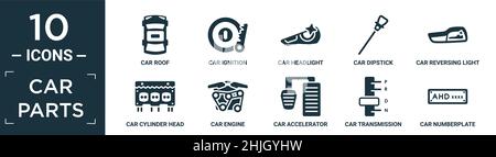 jeu d'icônes de pièces de voiture remplies. contient toit de voiture plat, allumage de voiture, phare de voiture, jauge, feu de recul,culasse, moteur, accélérateur, transmission Illustration de Vecteur