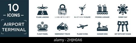 ensemble d'icônes de terminal d'aéroport rempli. contient atterrissage en avion plat, sécurité des bagages, martini avec olive, cueillette des bagages, jour ensoleillé,panneau de vol, emerenc Illustration de Vecteur
