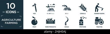 jeu d'icônes d'agriculture fourrée contenant une houe plate, un champ de ferme, un tuyau, des céréales, une bineuse agricole,fruits, produits agricoles, faucille, pesticide, icône tracteur Illustration de Vecteur