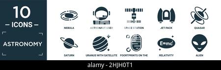 jeu d'icônes d'astronomie remplies. contient une nébuleuse plate, un utilisateur d'astronaute, une station spatiale, un pack à jets, un quasar,saturne, uranus avec satellite, empreintes sur le moo Illustration de Vecteur