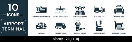 ensemble d'icônes de terminal d'aéroport rempli. comprend un badge d'identification plat, une vue de face de l'avion, une piste d'atterrissage, un chariot à roulettes, un taxi d'aéroport,hangar, trailer truc Illustration de Vecteur