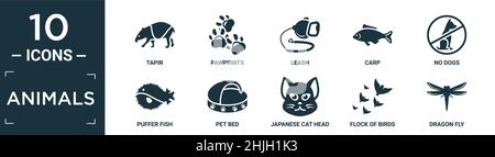 ensemble d'icônes pour animaux remplis. contient un tapir plat, des empreintes de pattes, une laisse, une carpe, pas de chiens,poisson puffer, lit pour animaux, tête de chat japonais, troupeau d'oiseaux, icône de mouche dragon Illustration de Vecteur
