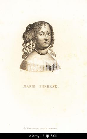 Portrait de Maria Thérèse d'Espagne, Marie-Thérèse d'Autriche, 1638-1683, Infanta d'Espagne et du Portugal et Archduchesse d'Autriche, Reine de France et Navarre.Marie Thérèse.Gravure sur plaque de coperplate par A.D. après Jean Nocret de Marie de Rabutine-Chantal Sévigne Collection des Portraits du Vingt de la Siecle de Louis XIV, Collection de 20 Portraits du siècle du roi Louis XIV, J.J.Blaise, libreire, Quai des Augustins, Paris, 1818. Banque D'Images