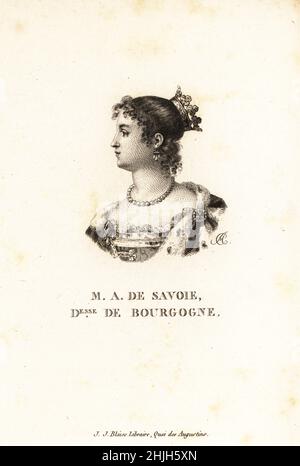 Portrait de profil buste de Marie Adélaïde de Savoie, 1685-1712, épouse de Louis, Dauphin de France, duc de Bourgogne.Fille aînée de Victor Amadeus II, duc de Savoie, et d'Anne Marie d'Orléans.M A de Savoie, Duchesse de Bourgogne.Gravure sur plaque de coperplate par A.C. de Marie de Rabutine-Chantal Sévigne Collection des Portraits du Vingt de la Siecle de Louis XIV, Collection des 20 Portraits du siècle du roi Louis XIV, J.J.Blaise, libreire, Quai des Augustins, Paris, 1818. Banque D'Images