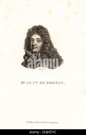 Portrait du comte de Grignan, François Adhemar de Monteil, comte de Grignan, 1632-1714, aristocrate française, lieutenant-gouverneur de Provence et gendre de Madame de Sévigne.M. le CTE. De Grignan.Gravure sur plaque de coperplate par D après Nicolas de Largilliere de Marie de Rabutine-Chantal Sévigne Collection des Portraits du Vingt de la Siecle de Louis XIV, Collection de 20 Portraits du siècle du roi Louis XIV, J.J.Blaise, libreire, Quai des Augustins, Paris, 1818. Banque D'Images