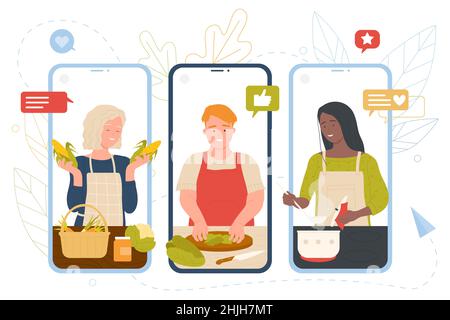 Des personnes cuisinant en ligne sur des écrans de téléphones mobiles illustration vectorielle.Chef de dessin animé femme et homme tenant, trancher des légumes pour faire la recette de soupe saine du blog.Service de cuisine, concept culinaire Illustration de Vecteur