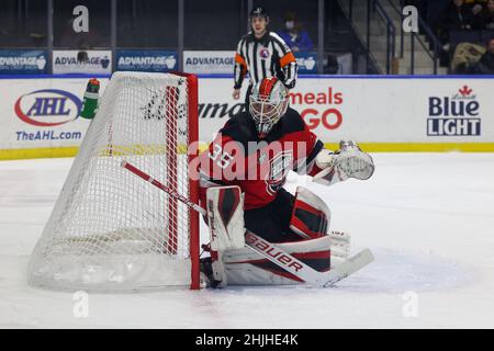 29 janvier 2022: Utica Comets goaltender Nico Daws (35) regarde le palet dans la deuxième période contre les Américains de Rochester.Les Rochester Americans ont accueilli les Utica Comets on Pink dans la nuit de Rink dans un match de la Ligue américaine de hockey à la Blue Cross Arena de Rochester, New York.(Jonathan Tenca/CSM) Banque D'Images