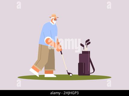 homme senior jouant au golf joueur d'âge prenant un tir actif vieux concept horizontal Illustration de Vecteur