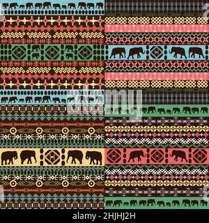 Motifs africains colorés avec silhouettes d'éléphants Illustration de Vecteur