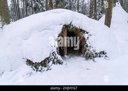 un abri déguisé dans la forêt sous la neige.Dugout partisan en forêt d'hiver.Terre-maison construite par des partisans soviétiques dans la forêt ukrainienne pendant S Banque D'Images