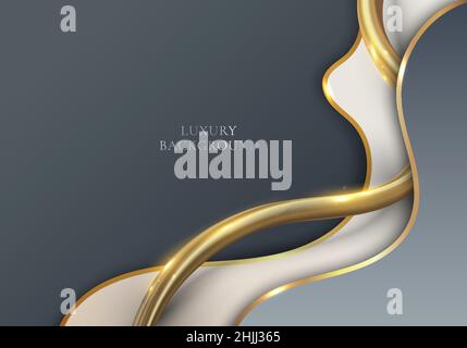 Design élégant et moderne de luxe, forme ondulée blanche et grise, et 3D lignes courbes dorées scintillantes sur fond propre.Graphique vectoriel i Illustration de Vecteur