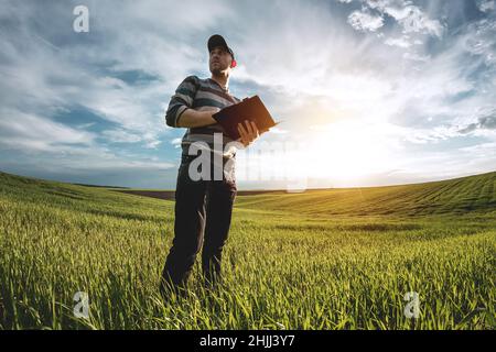 Un jeune agronome tient un dossier dans ses mains sur un champ de blé vert.Un agriculteur prend des notes sur le fond des terres agricoles au coucher du soleil.Homme Banque D'Images