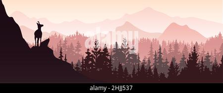 Bannière horizontale.Un chamois se dresse au sommet d'une colline avec des montagnes et une forêt en arrière-plan.Silhouette sur fond rose et violet.Illustration. Banque D'Images