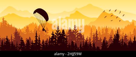 Bannière horizontale.Paysage magique et brumeux avec parapente et oiseaux.Silhouettes d'arbres et de montagnes.Illustration jaune, orange, marron. Banque D'Images