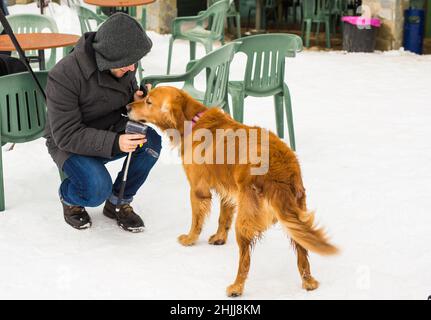 Un blogueur de sexe masculin filait avec son chien pour un blog en plein air en hiver.Concept de blogging de voyage et propriétaire d'animal de compagnie Banque D'Images