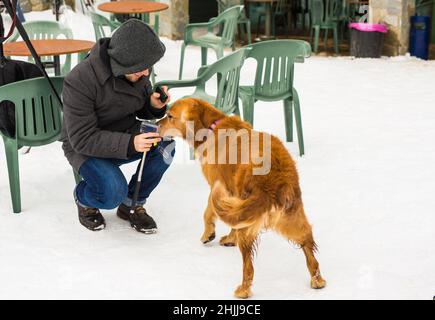 Un blogueur de sexe masculin filait avec son chien pour un blog en plein air en hiver.Concept de blogging de voyage et propriétaire d'animal de compagnie Banque D'Images