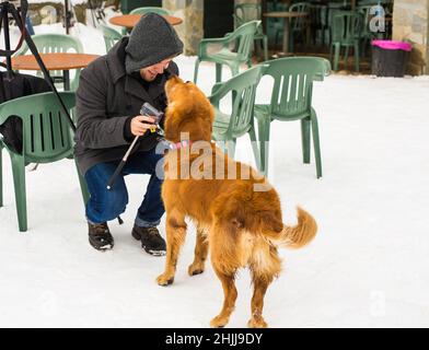 Un blogueur de sexe masculin filait avec son chien pour un blog en plein air en hiver.Concept de blogging de voyage et propriétaire d'animal de compagnie Banque D'Images