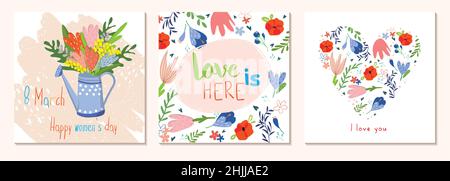 Bonne journée des femmes le 8 mars.Cartes et affiches mignons pour les vacances de printemps.Illustration vectorielle d'une date, d'une femme et d'un bouquet de fleurs.Je t'aime Illustration de Vecteur